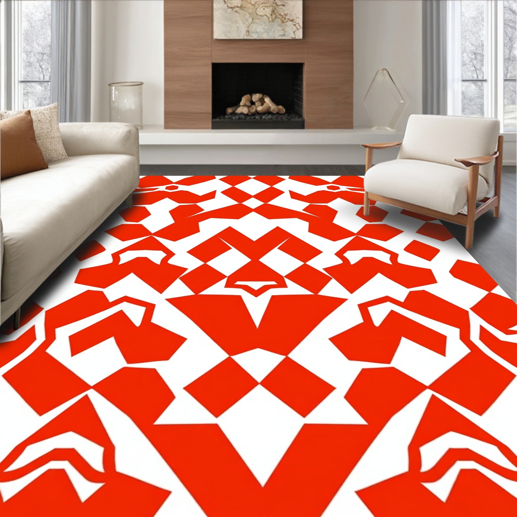 Vibrant Red Geometric Symmetry Medallion Rug
