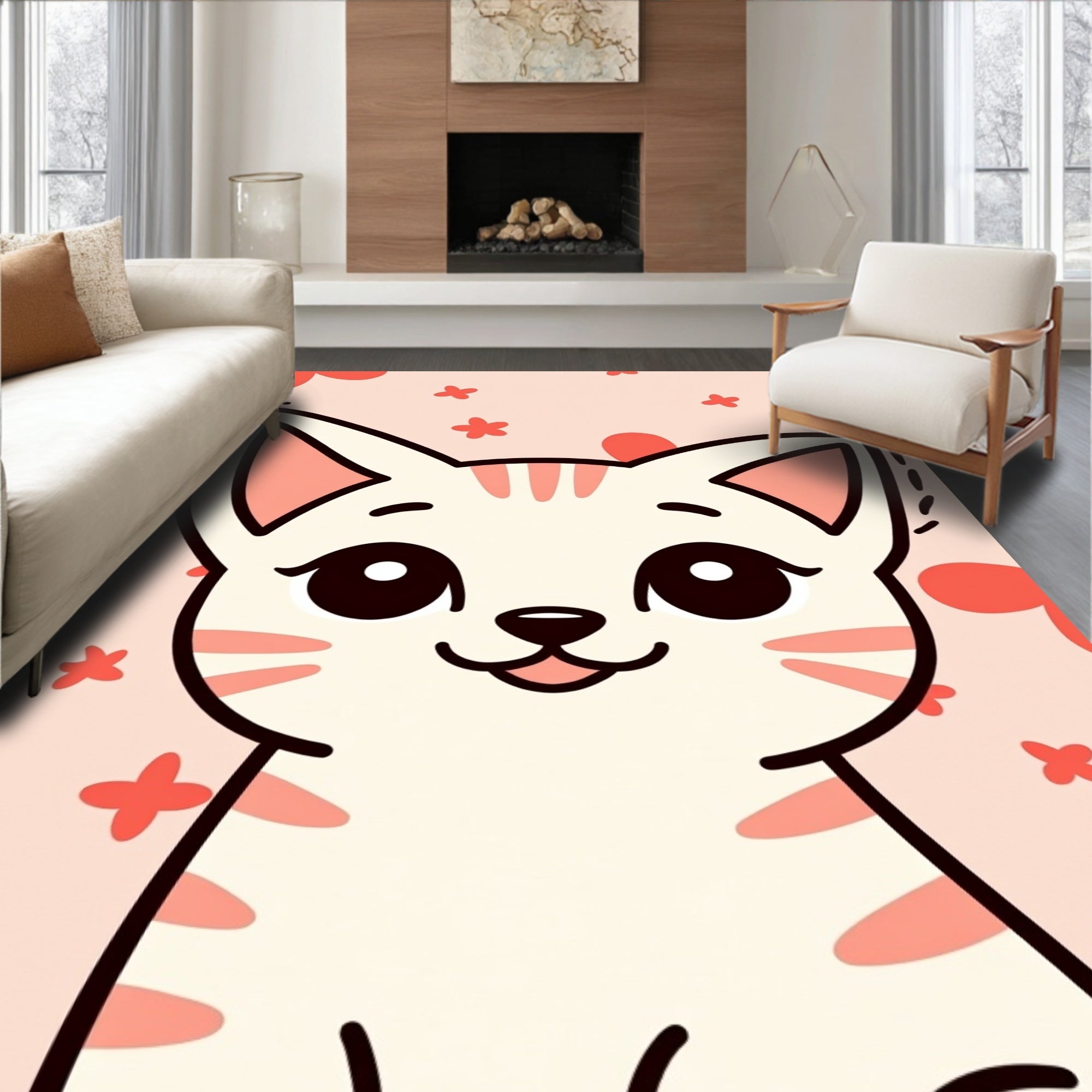 Cute Pink Kitty Floral Area Rug
