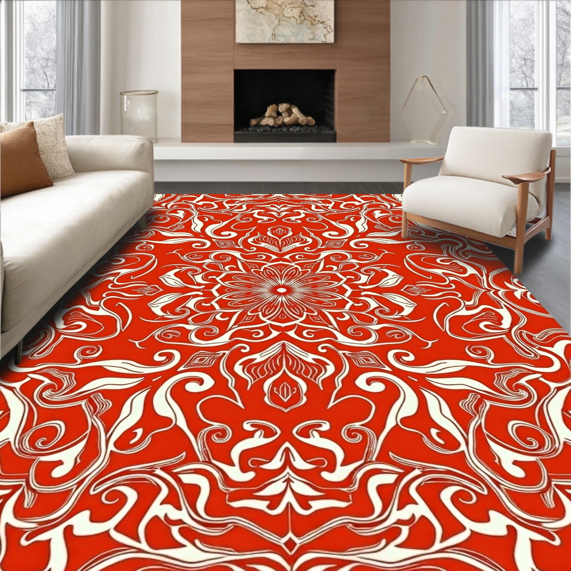 Crimson White Floral Mandala Lace Rug