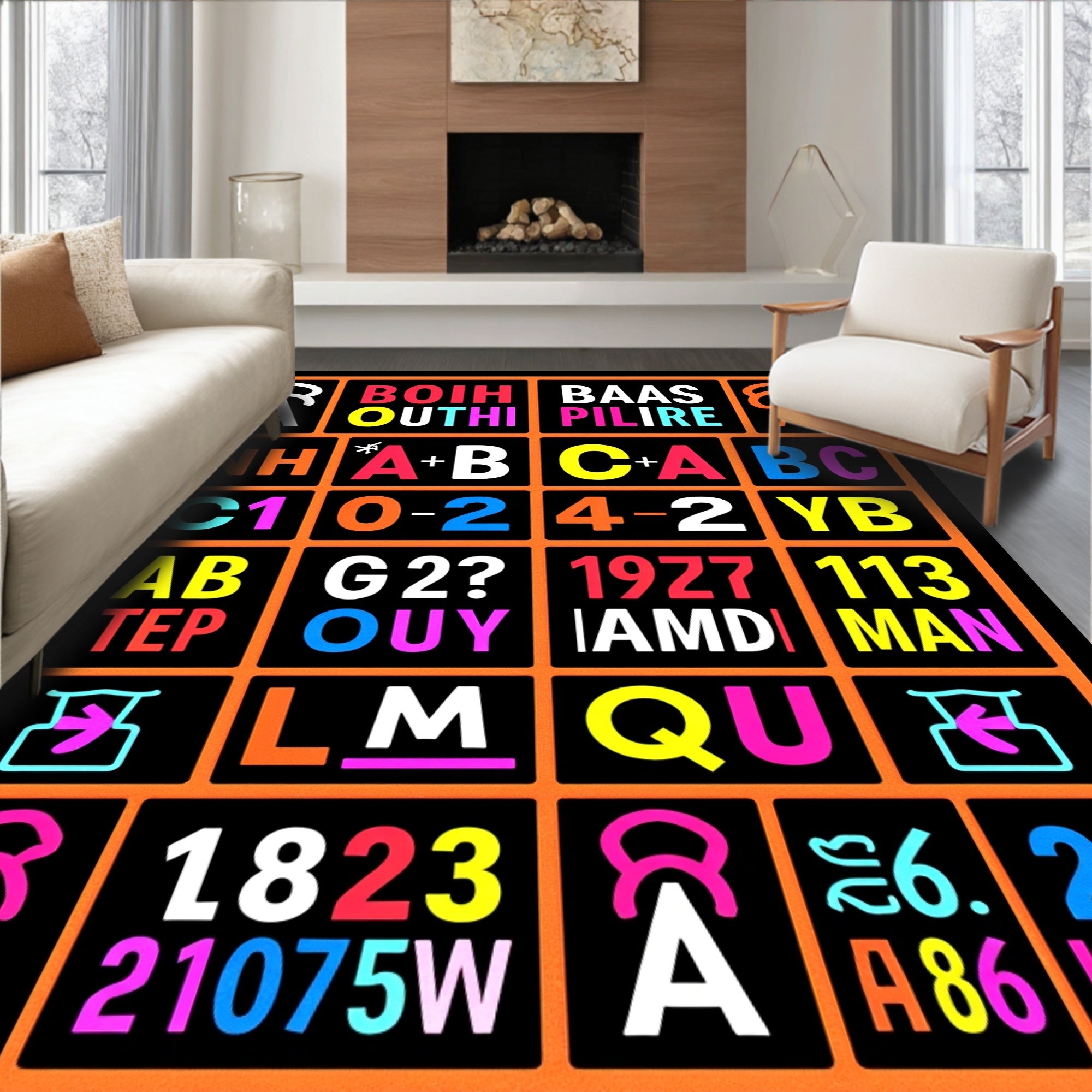 Bold Multicolored Typographic Grid Rug