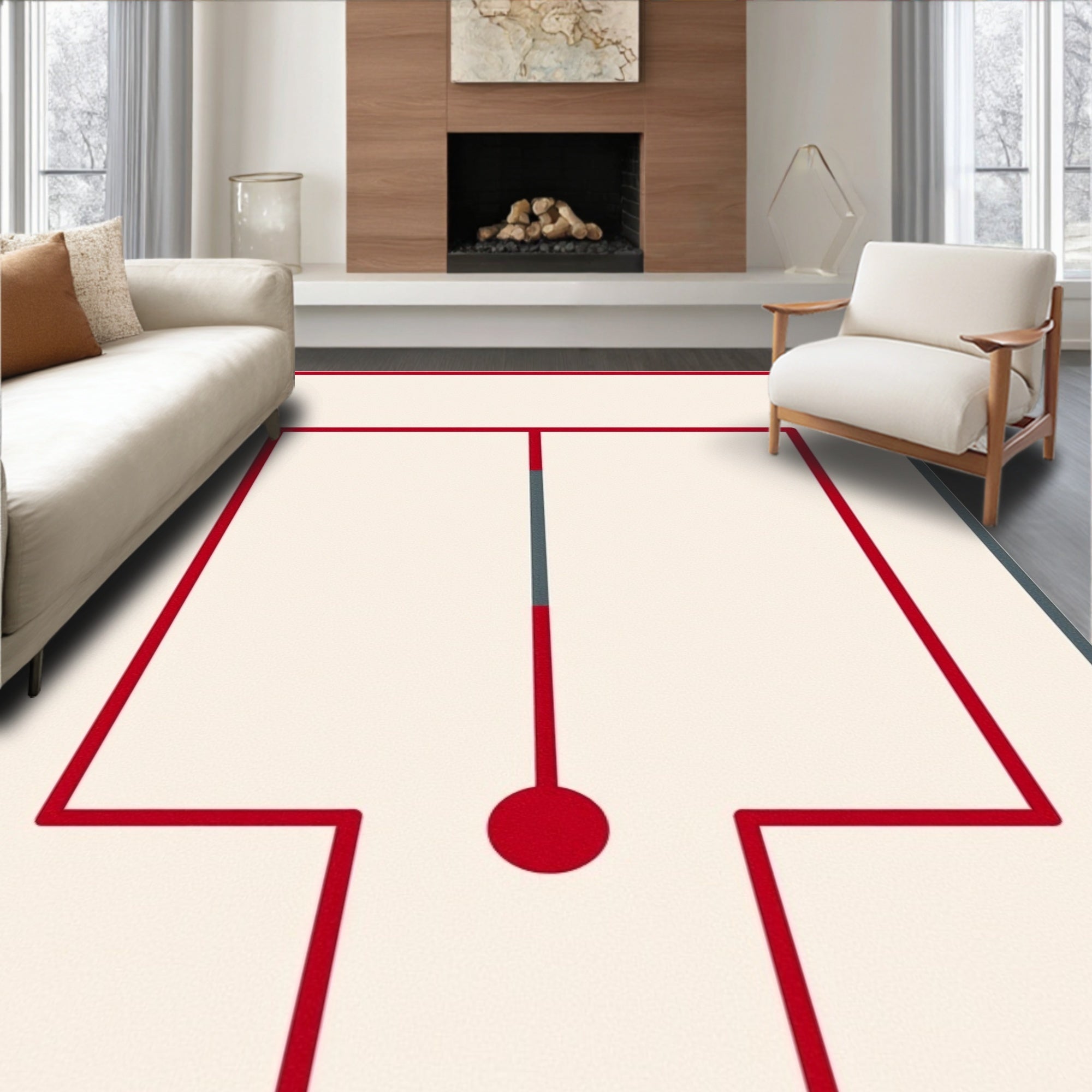 Cream Red Geometric Abstract Loop Rug