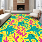 Vivid Yellow Teal Octopus Coral Rug