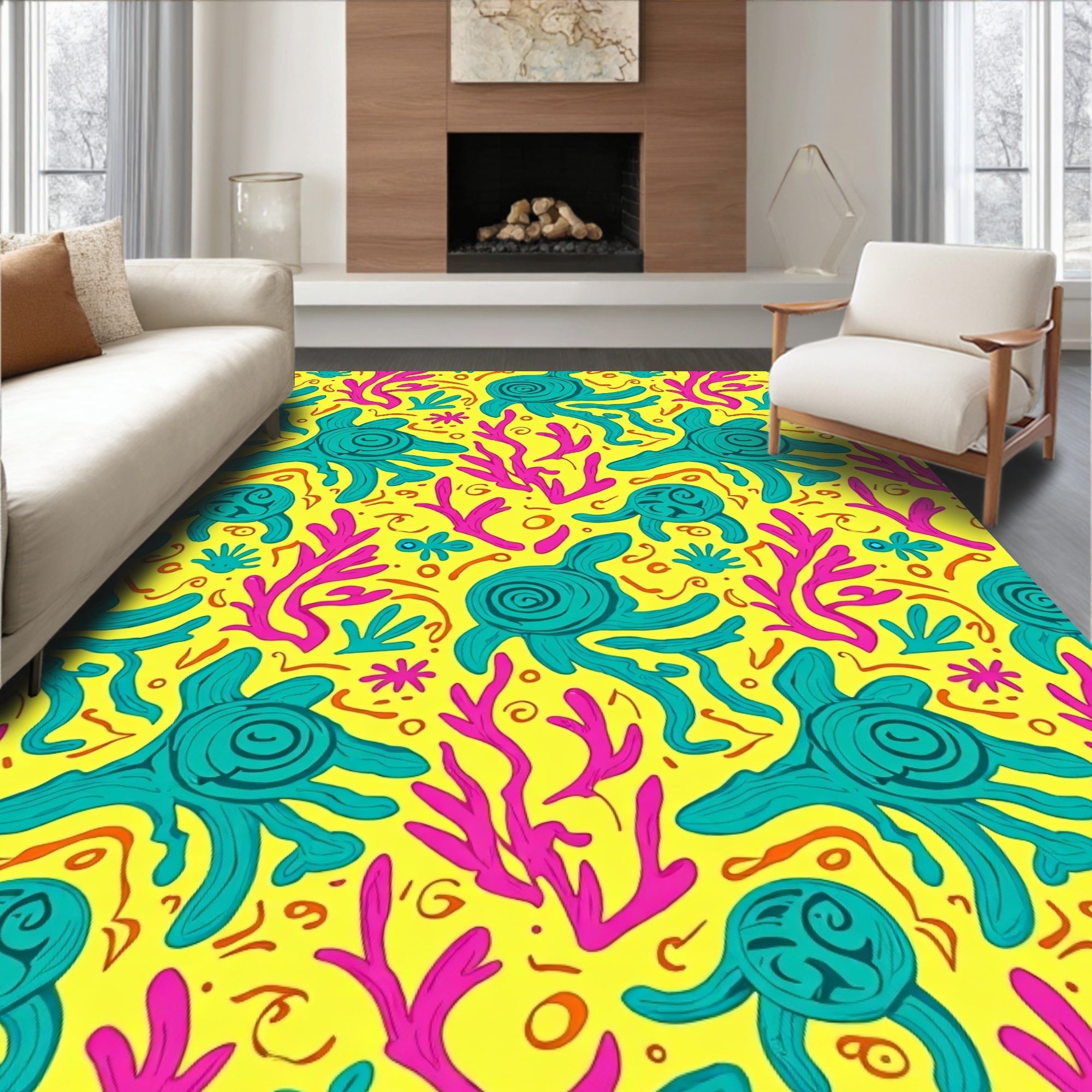 Vivid Yellow Teal Octopus Coral Rug