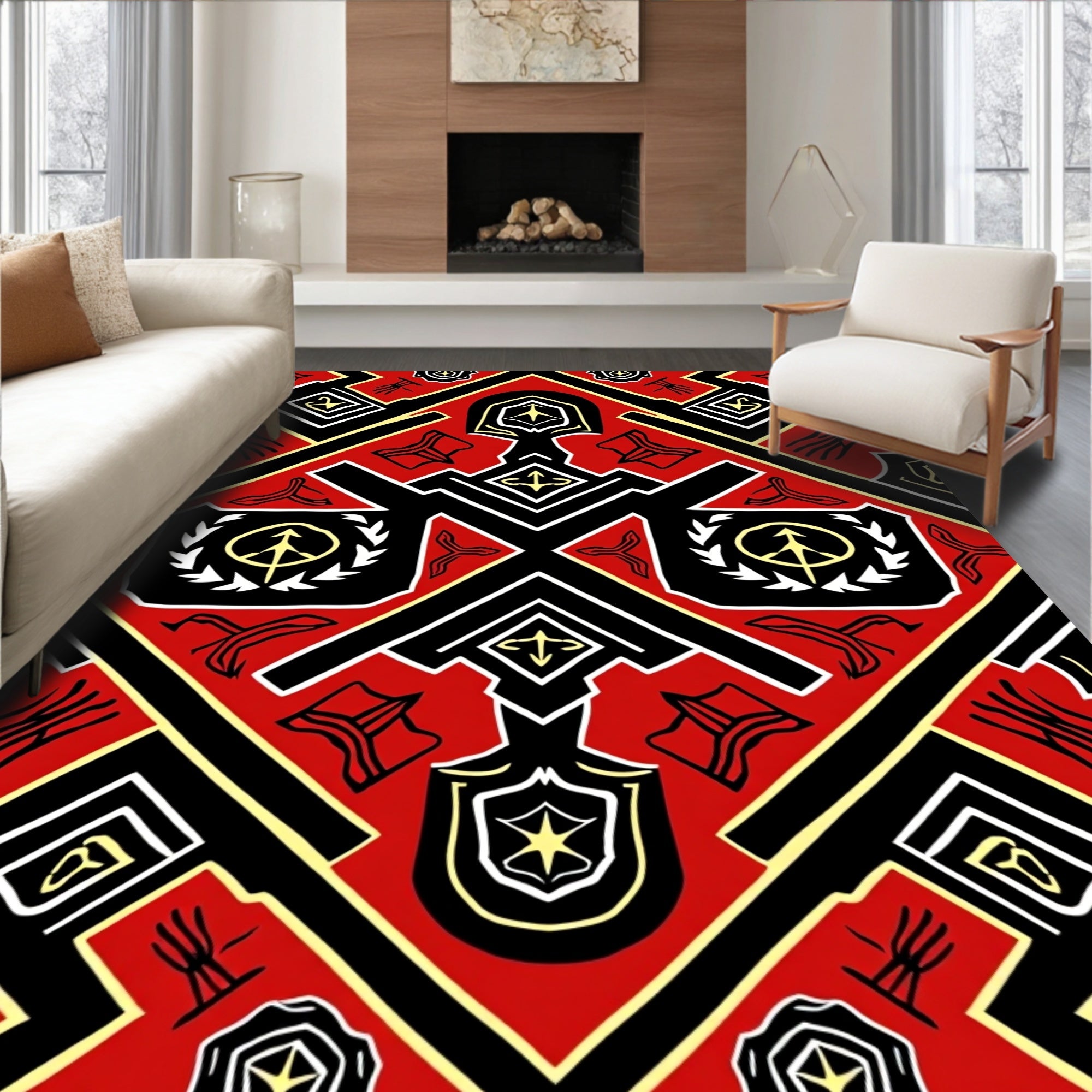 Bold Red Black Geometric Tribal Medallion Rug