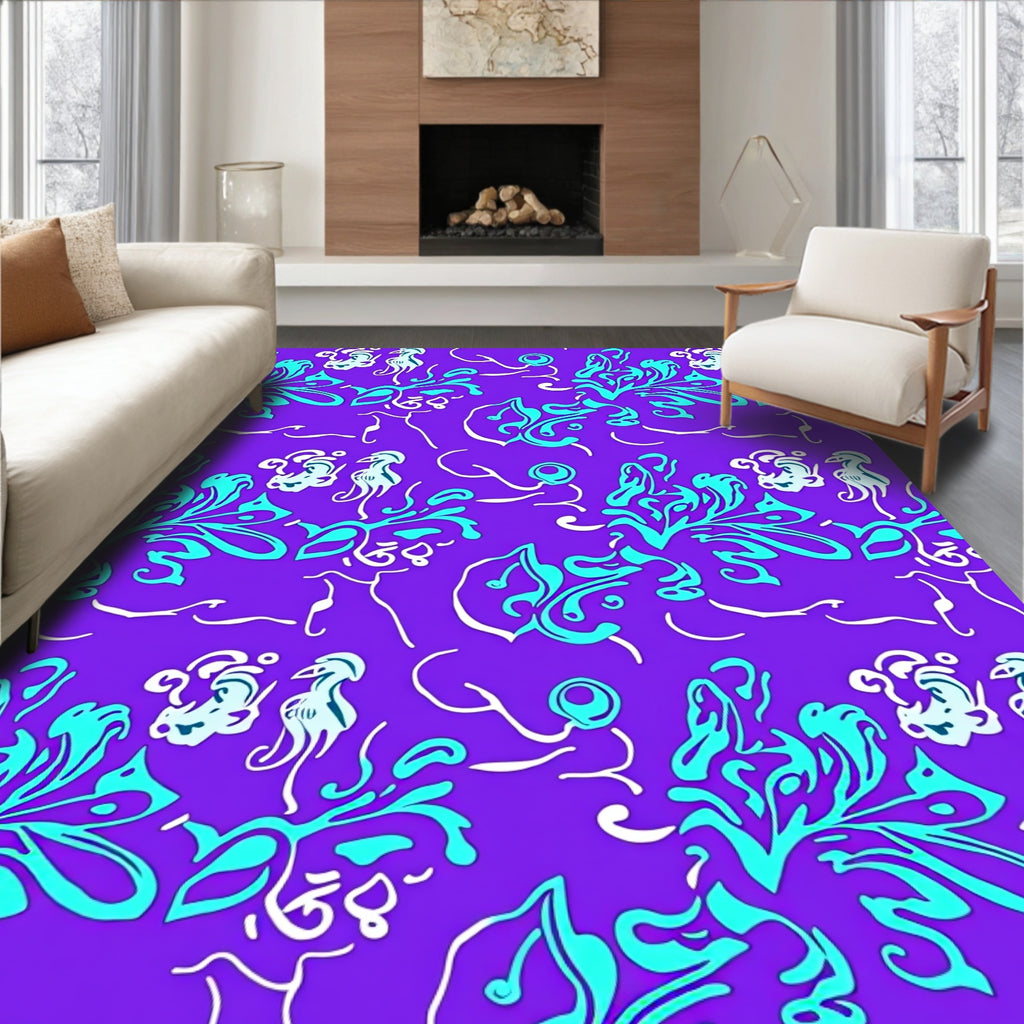 Turquoise Floral Elements on Purple Background Rug