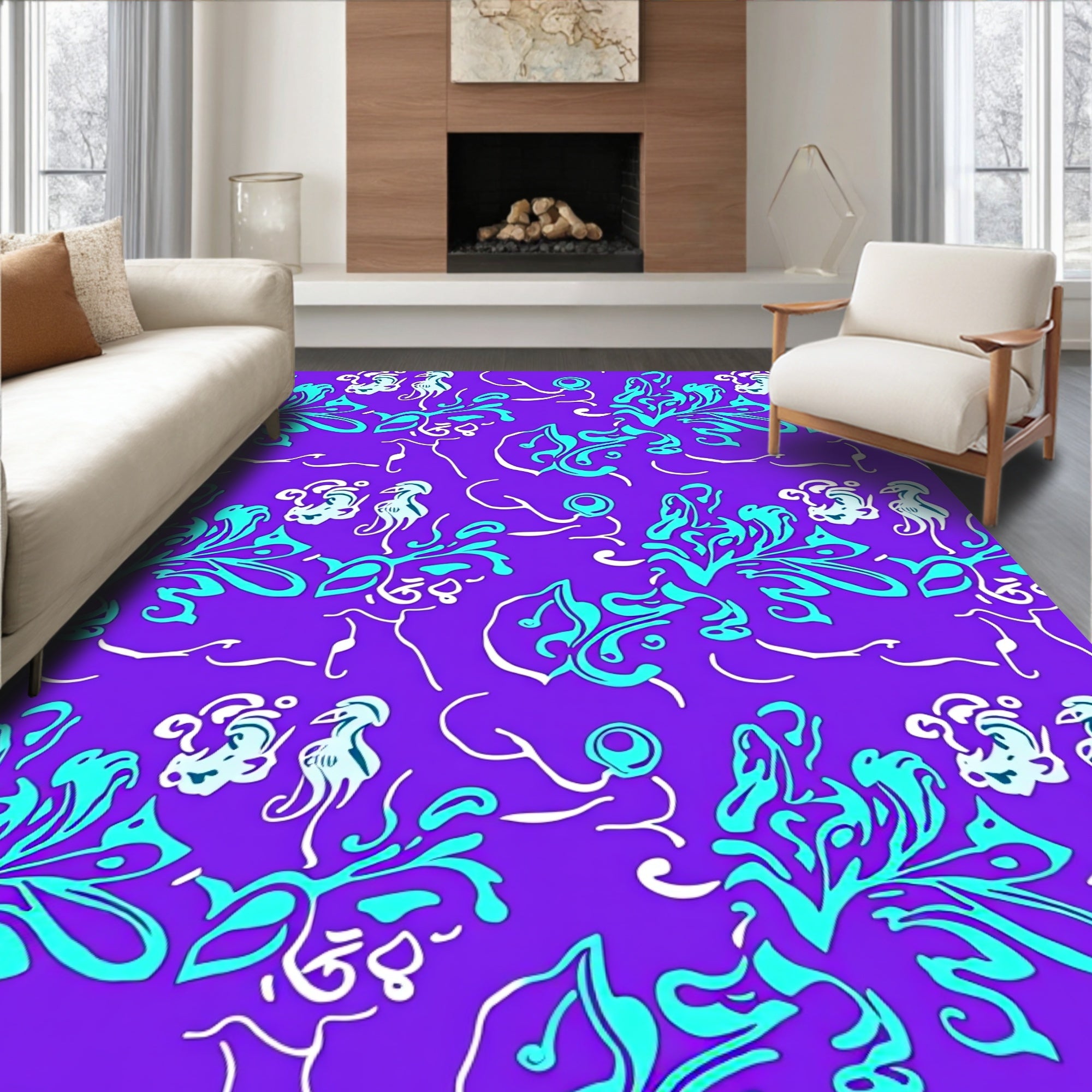 Turquoise Floral Elements on Purple Background Rug