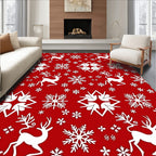 Red White Reindeer Snowflake Scene Rug