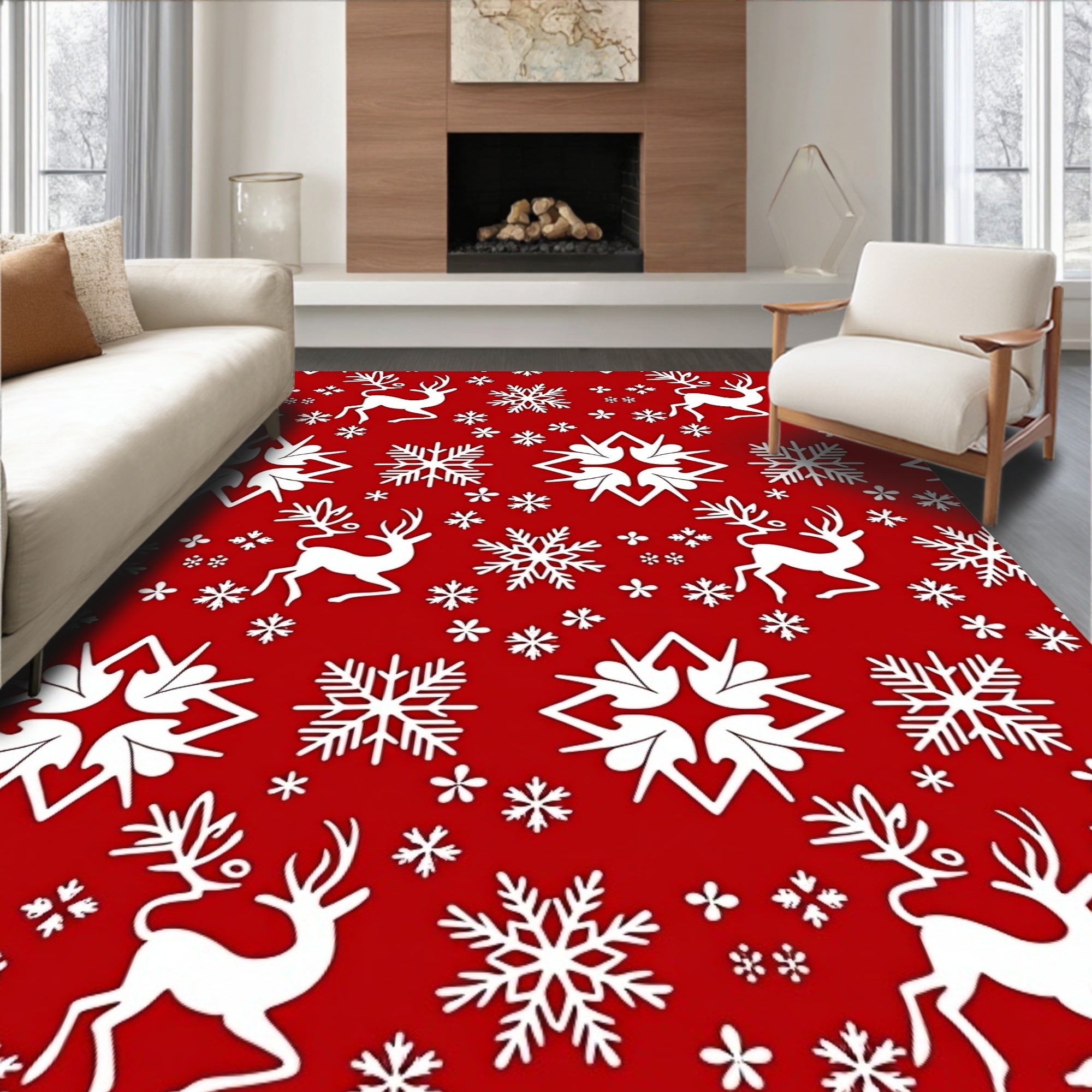 Red White Reindeer Snowflake Scene Rug