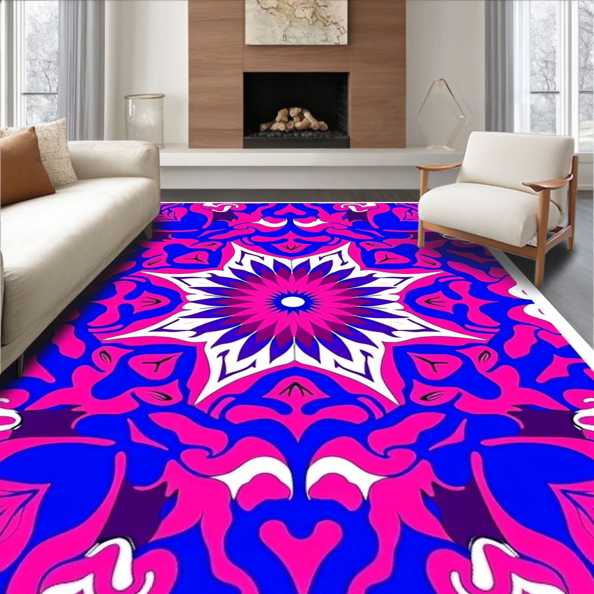 Bold Blue Pink Floral Mandala Rug
