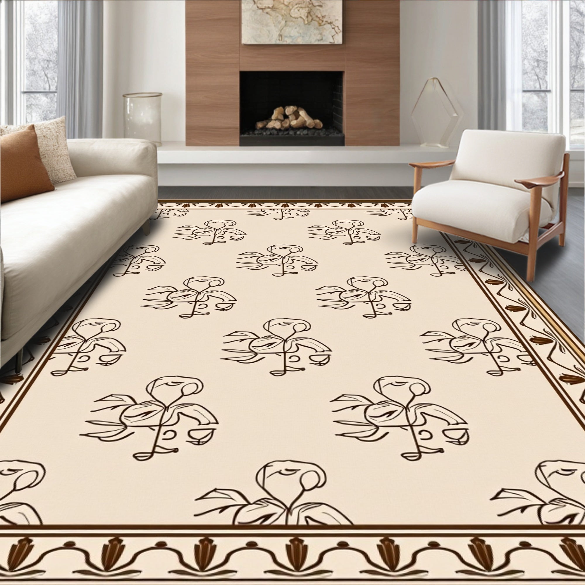 Cream Brown Flamingo Floral Repeat Rug