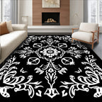 Black White Ornate Floral Medallion Design Rug