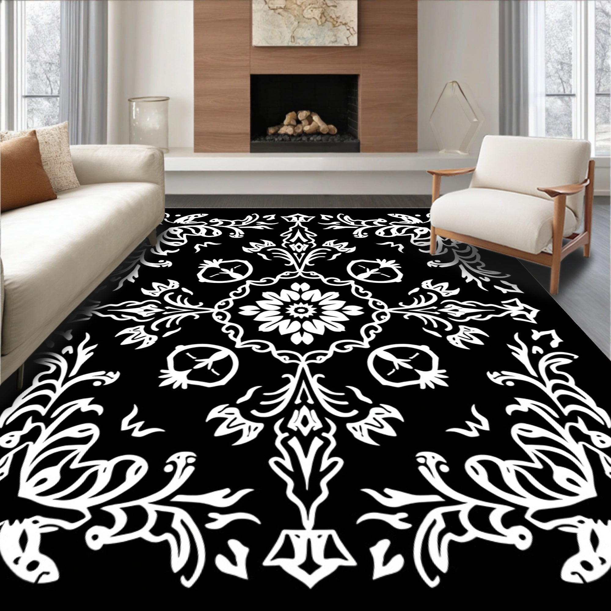 Black White Ornate Floral Medallion Design Rug
