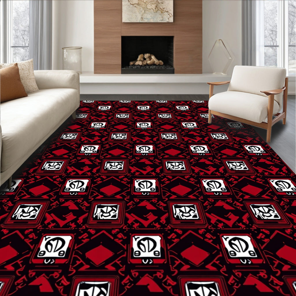 Bold Red Geometric Retro Square Rug