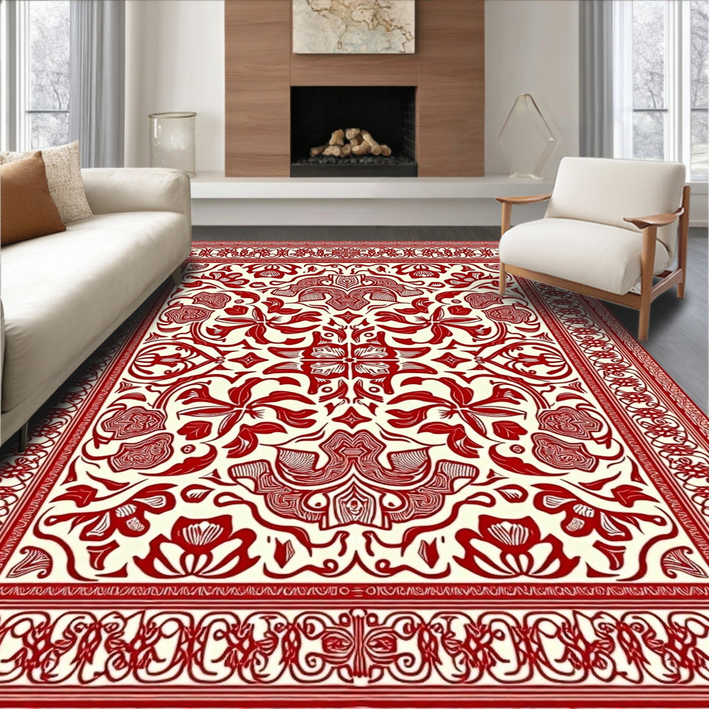 Crimson Vintage Floral Border Rug