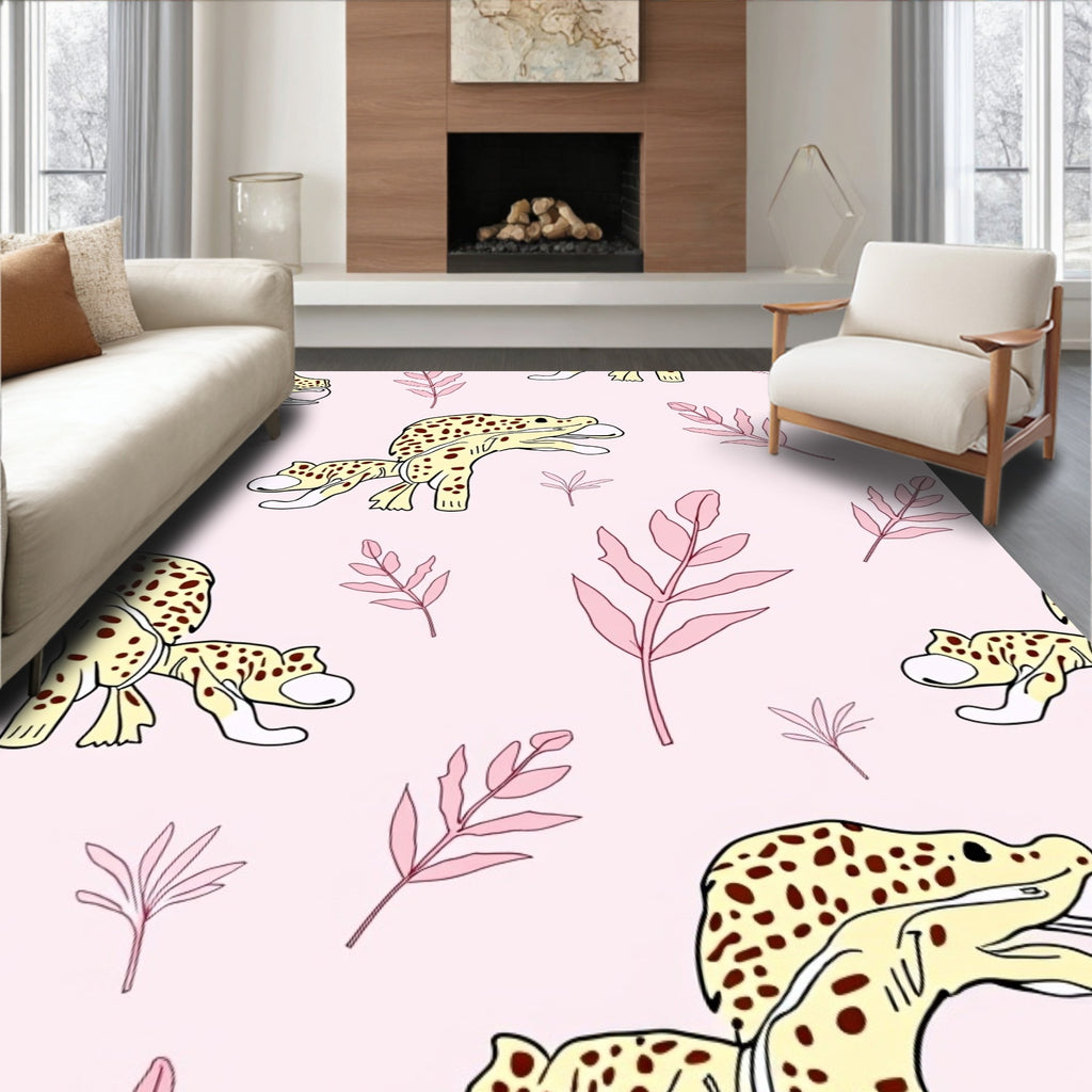 Whimsical Yellow Leopard Botanical Scene Rug