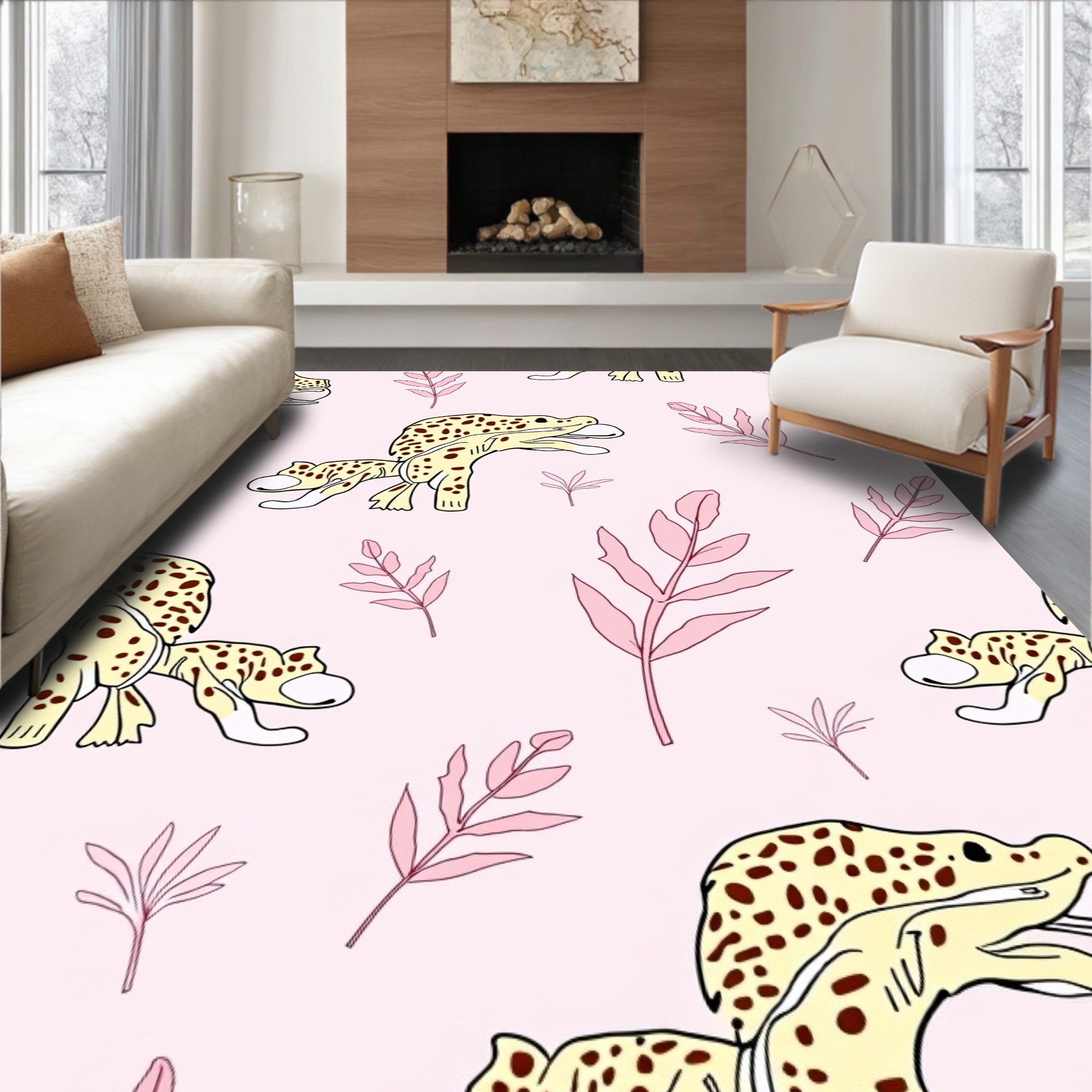 Whimsical Yellow Leopard Botanical Scene Rug