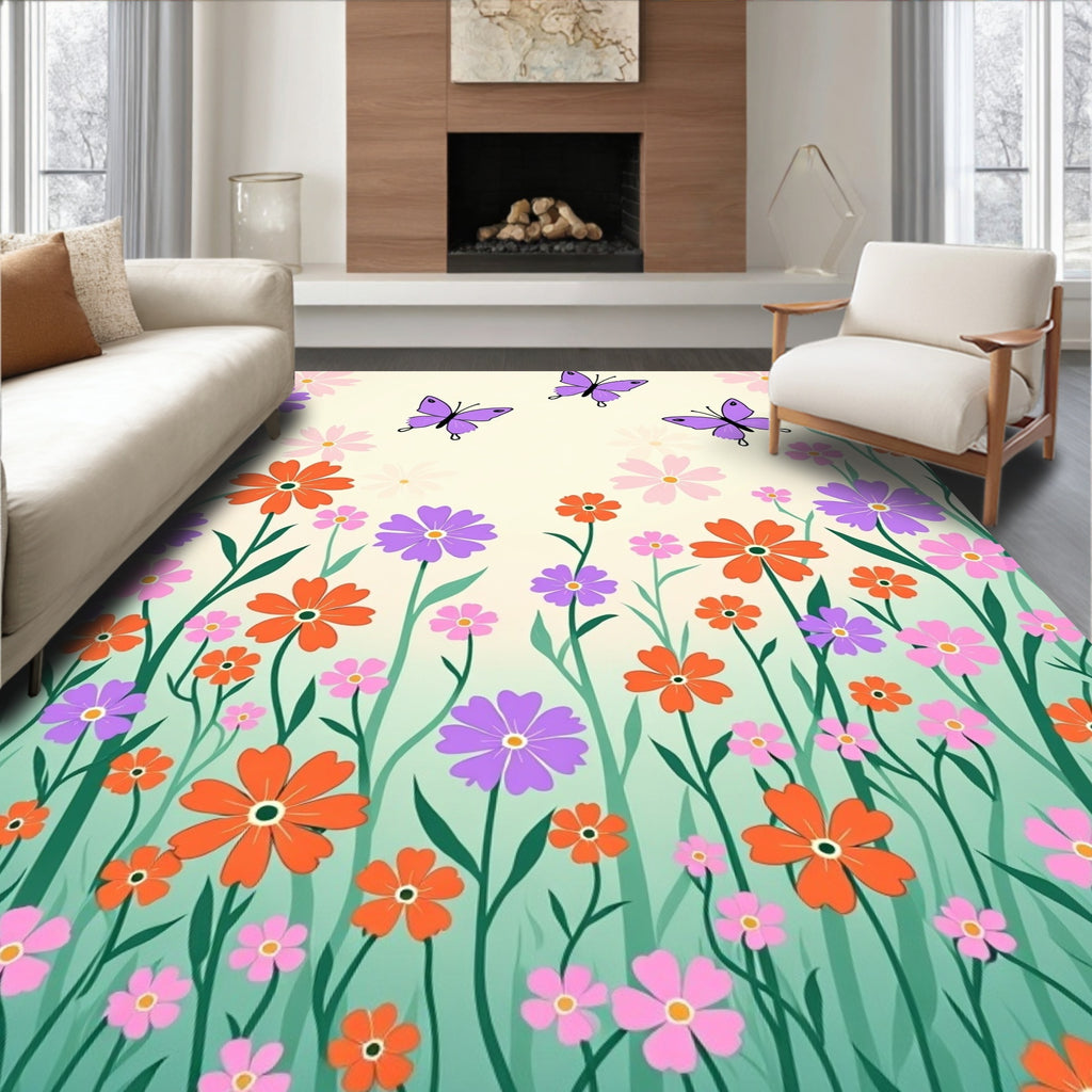 Vibrant Butterflies Floral Meadow Rug
