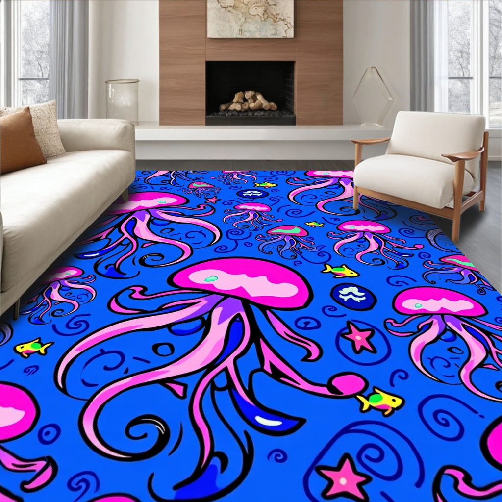 Vibrant Pink Jellyfish Ocean Swirls Rug