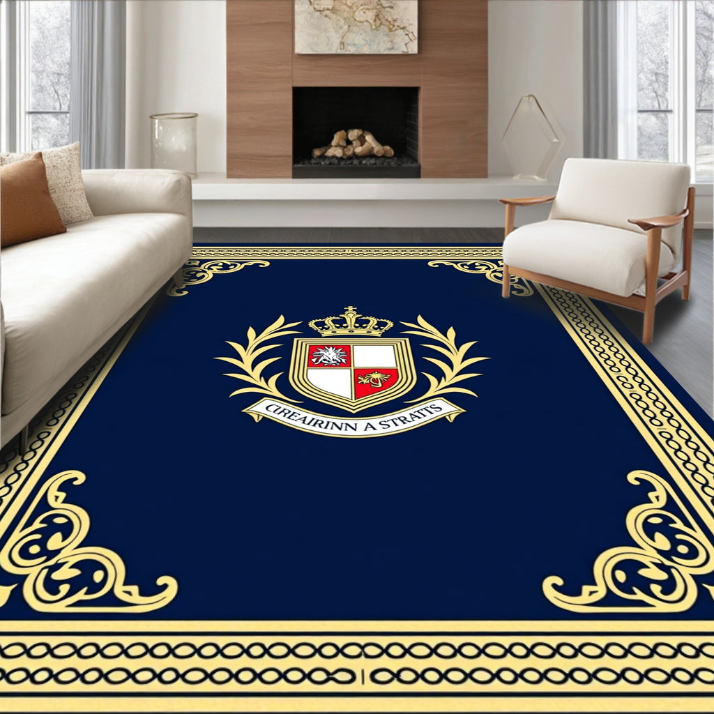 Ornate Blue Golden Crested Frame Rug