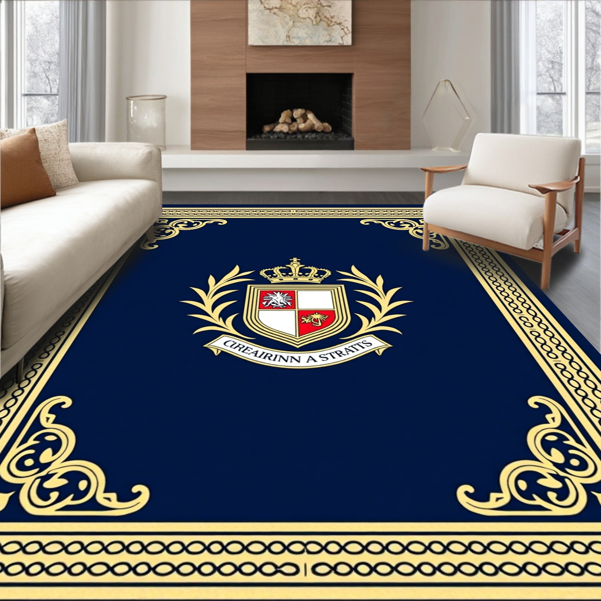 Ornate Blue Golden Crested Frame Rug
