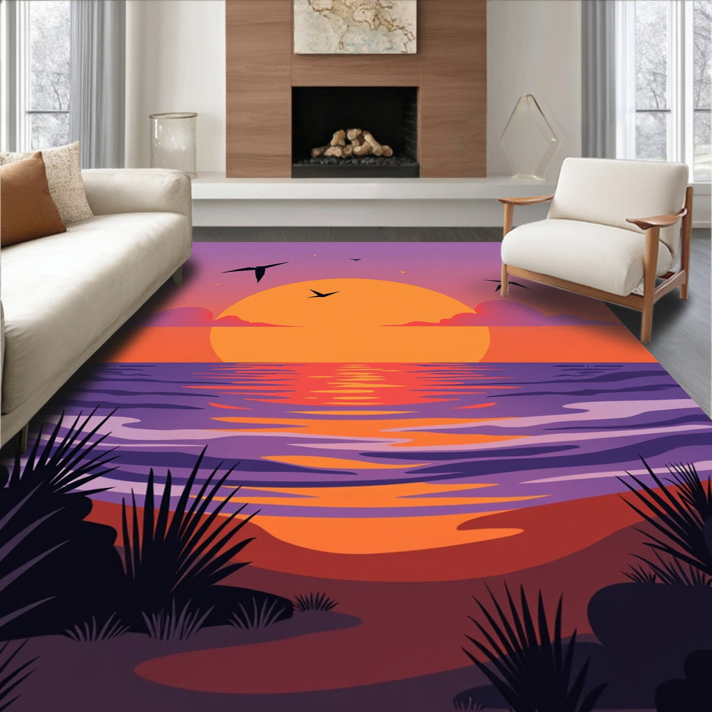 Sunset Beach Birds Purple Orange Waves Rug