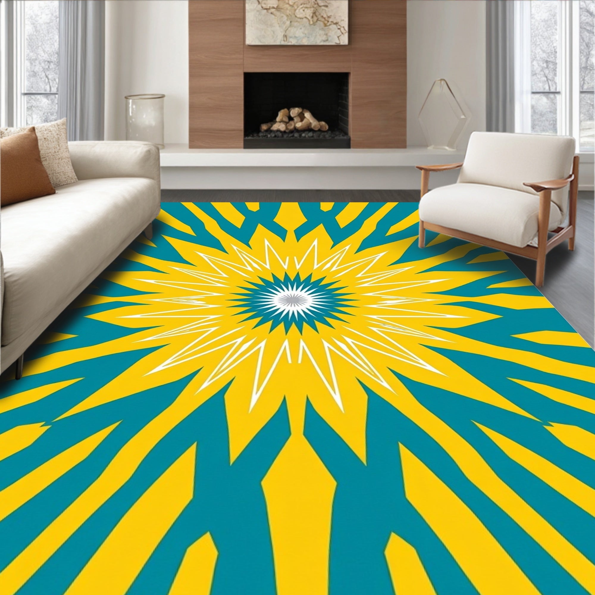 Radiant Yellow Teal Starburst Rug