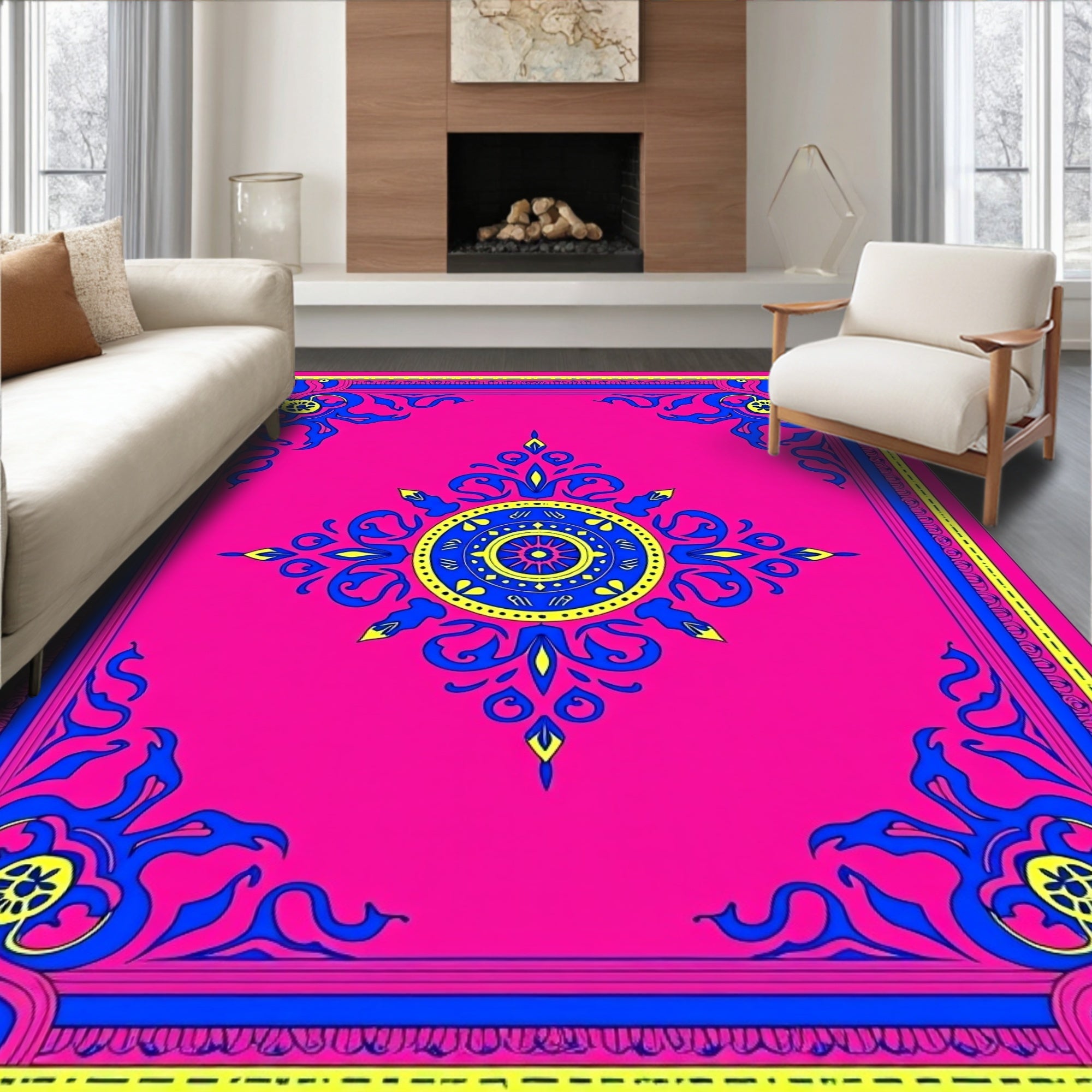 Hot Pink Royal Blue Yellow Medallion Border Rug