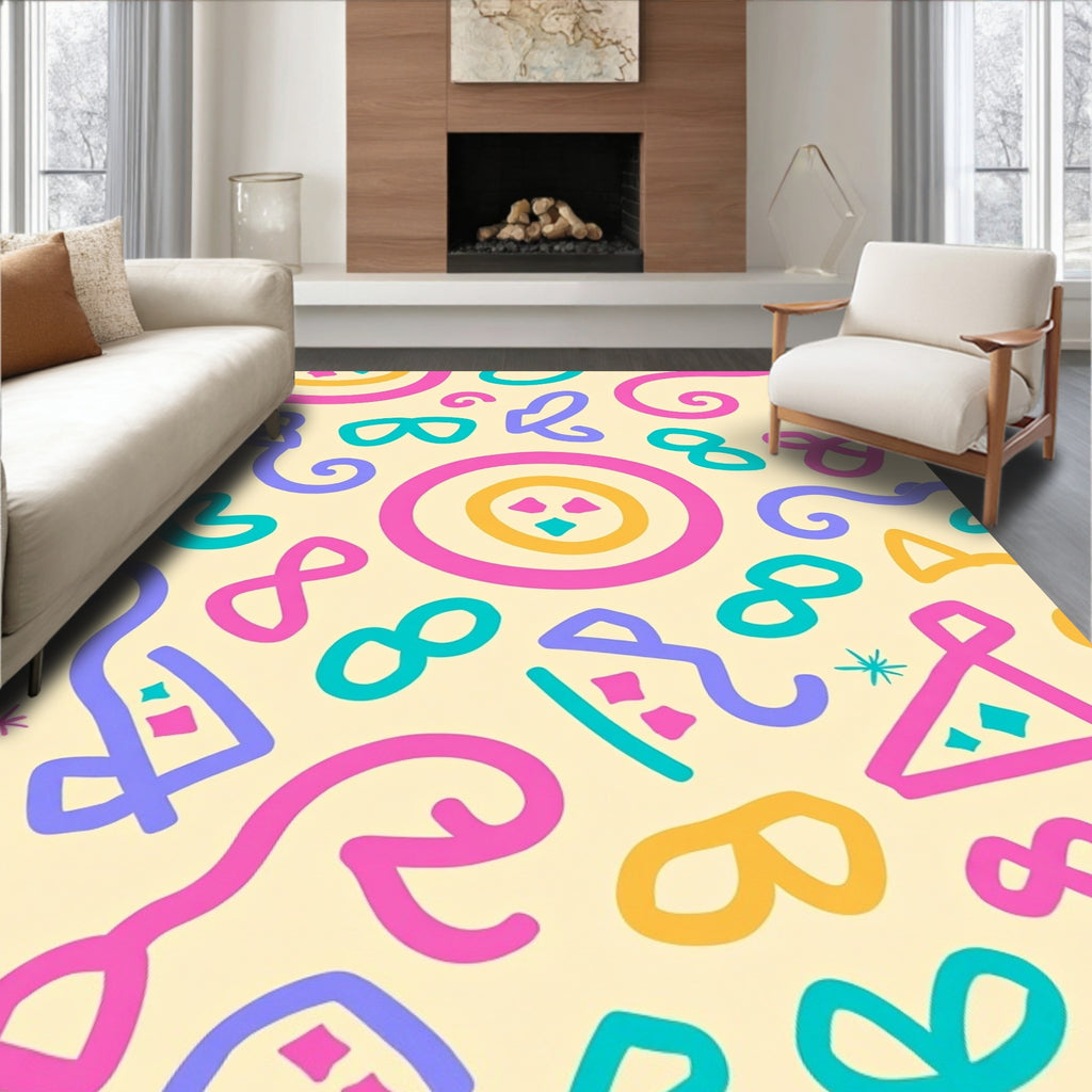 Whimsical Abstract Pink Teal Yellow Swirls Rug