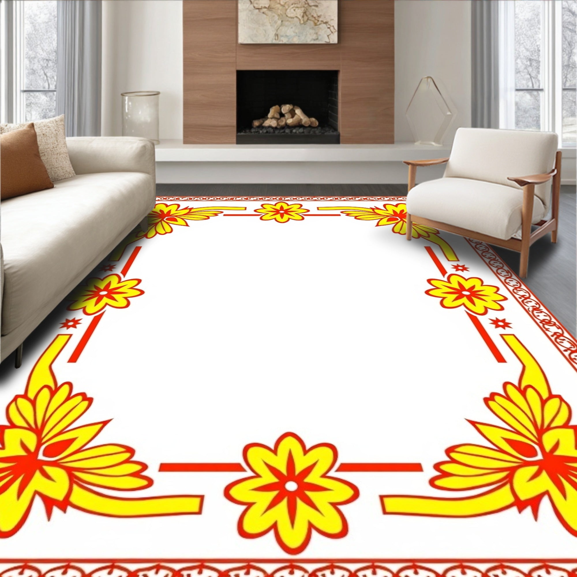 Red Yellow Bold Floral Border Rug