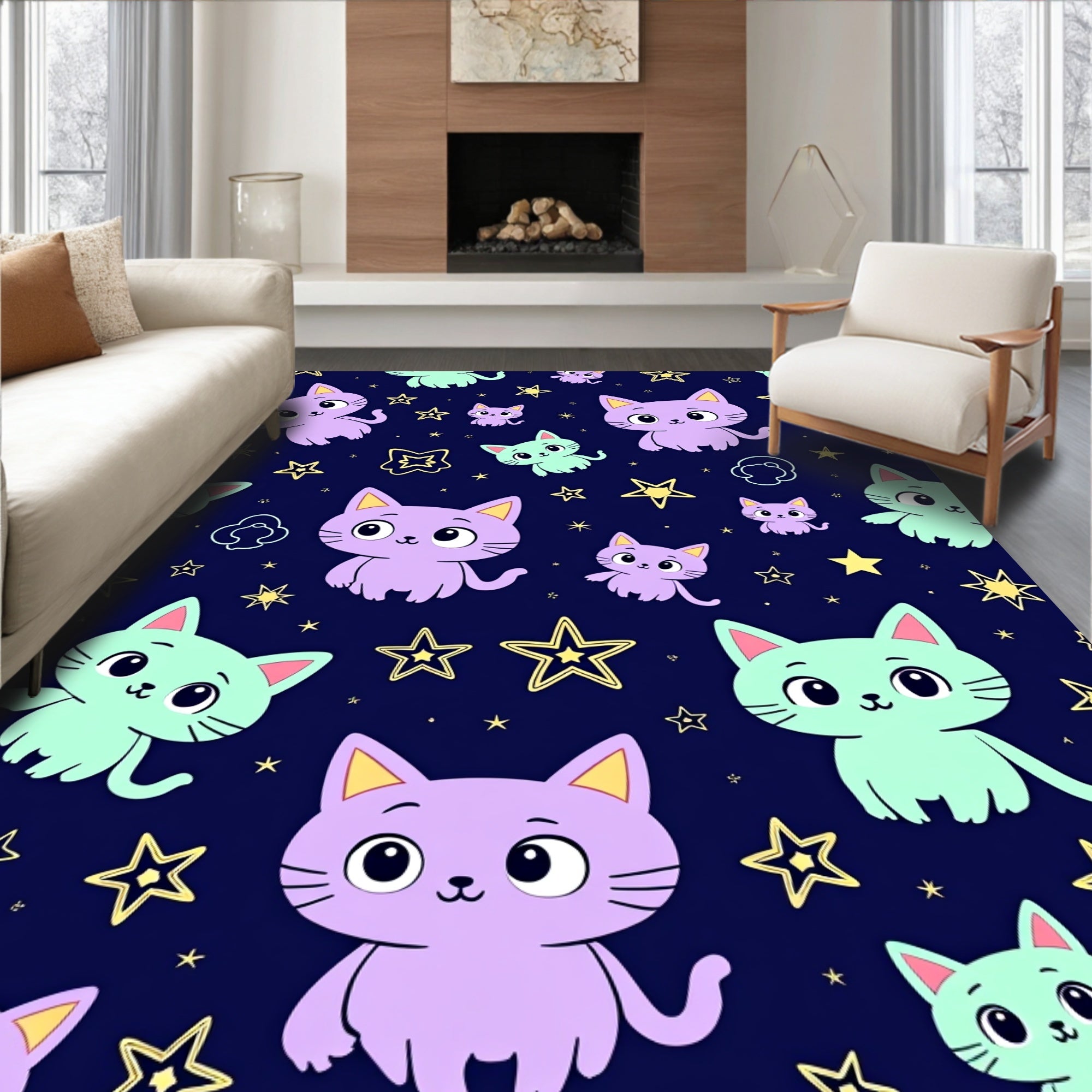 Cute Purple Mint Kittens Starry Night Rug