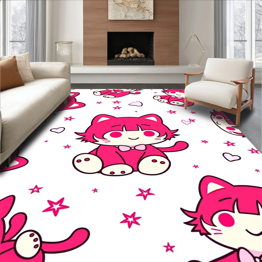 Kawaii Pink Kitty Star Hearts Rug