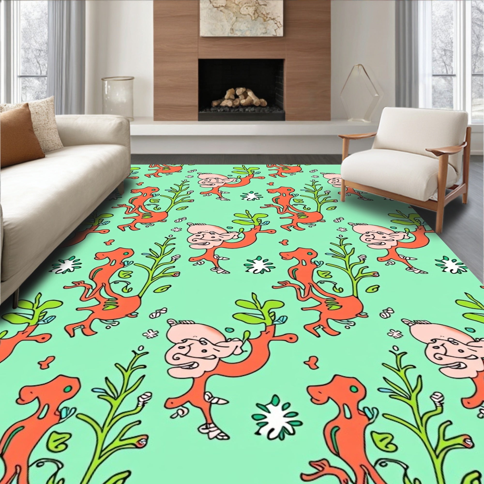 Whimsical Orange Figures Green Foliage Rug