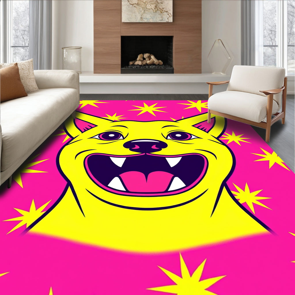 Vibrant Yellow Dog on Pink Starburst Rug