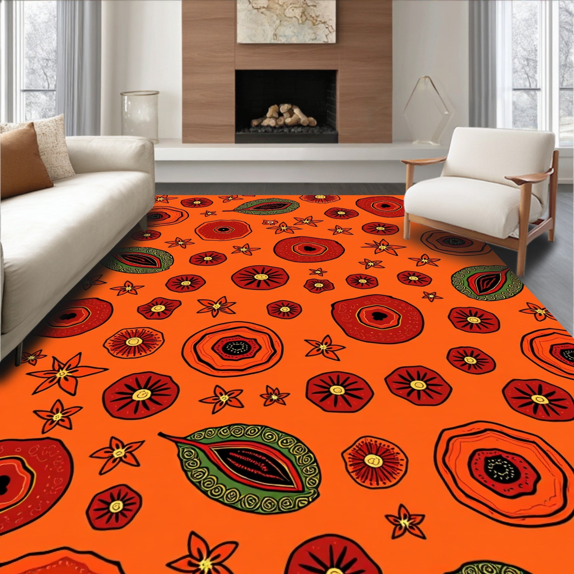 Orange Red Floral Medallion Leaf Rug