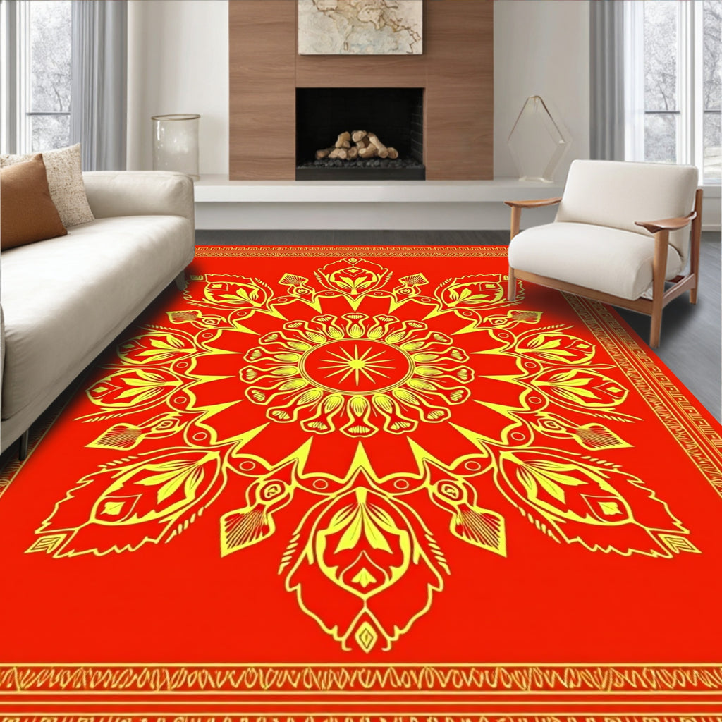 Crimson Golden Radial Blossom Border Rug