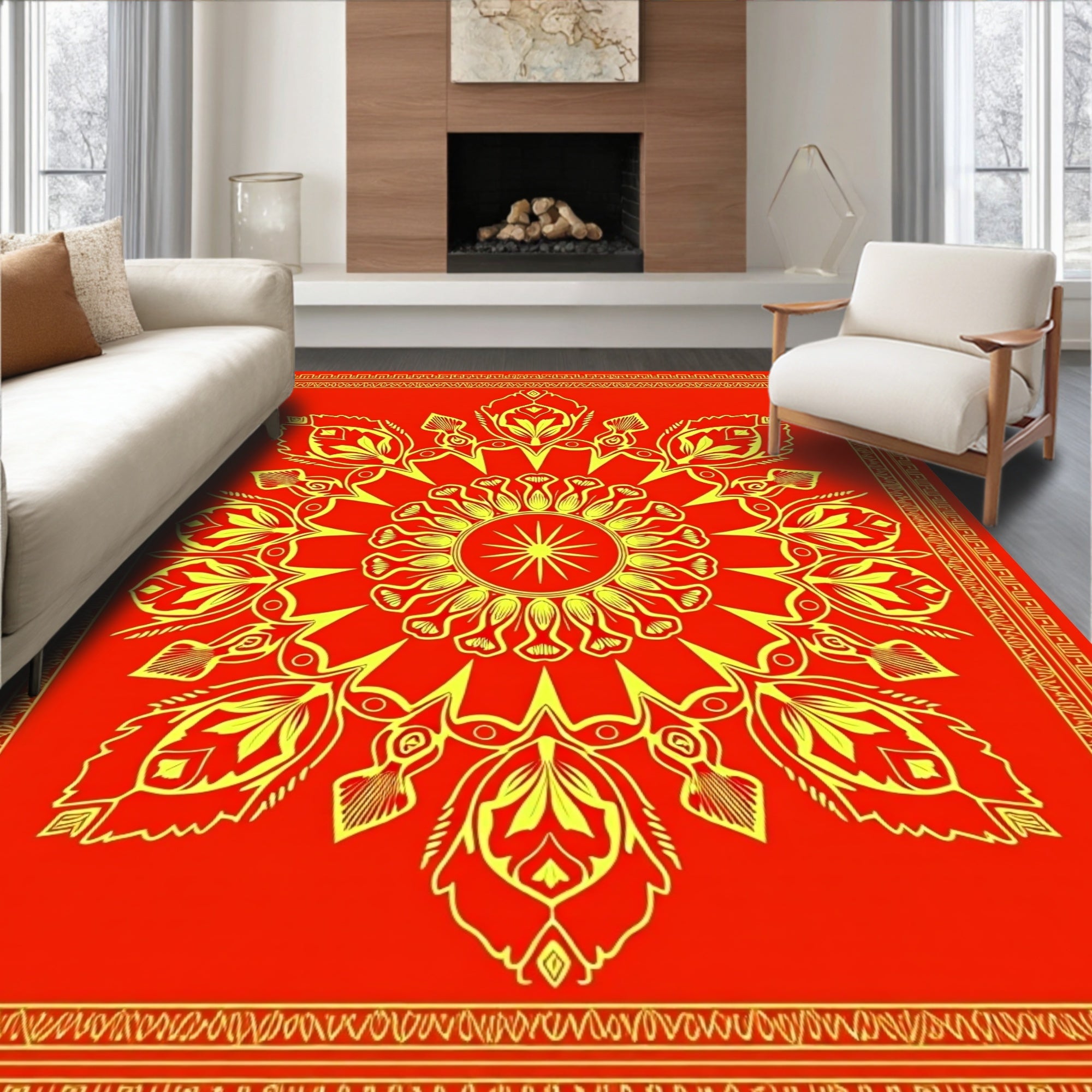Crimson Golden Radial Blossom Border Rug