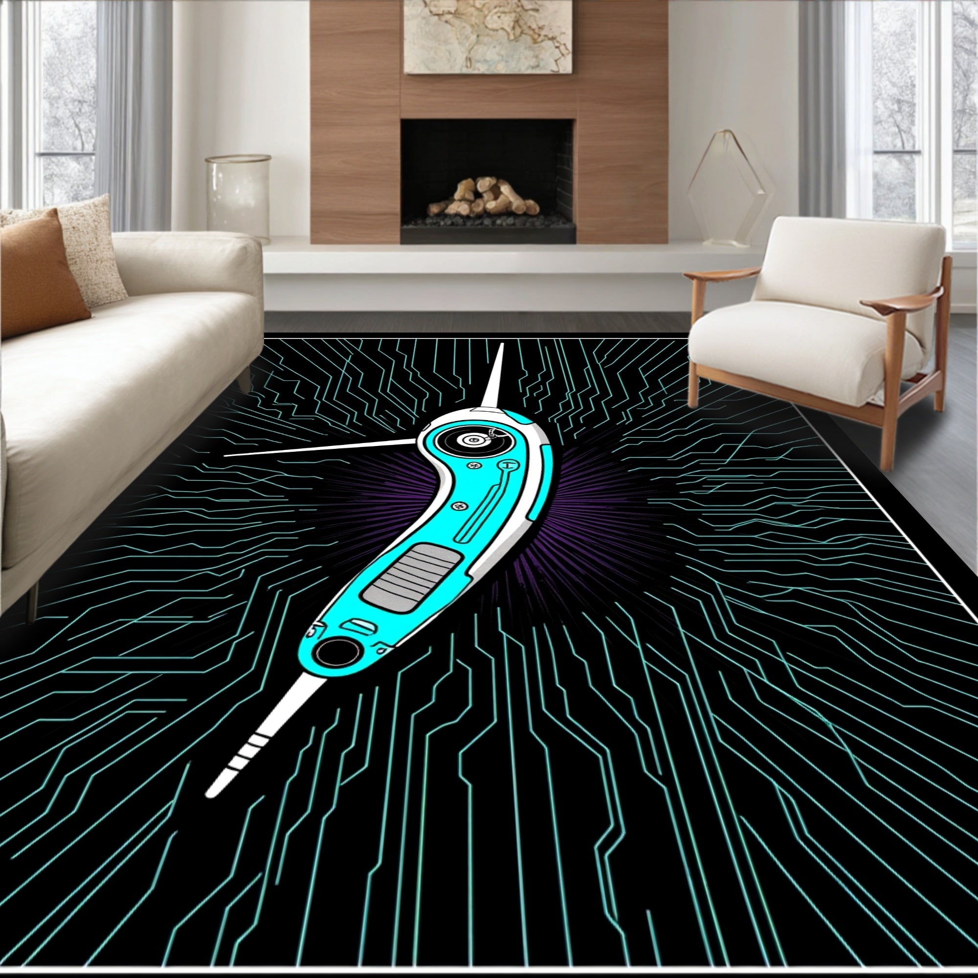 Futuristic Cyan Circuit Board Creature Rug