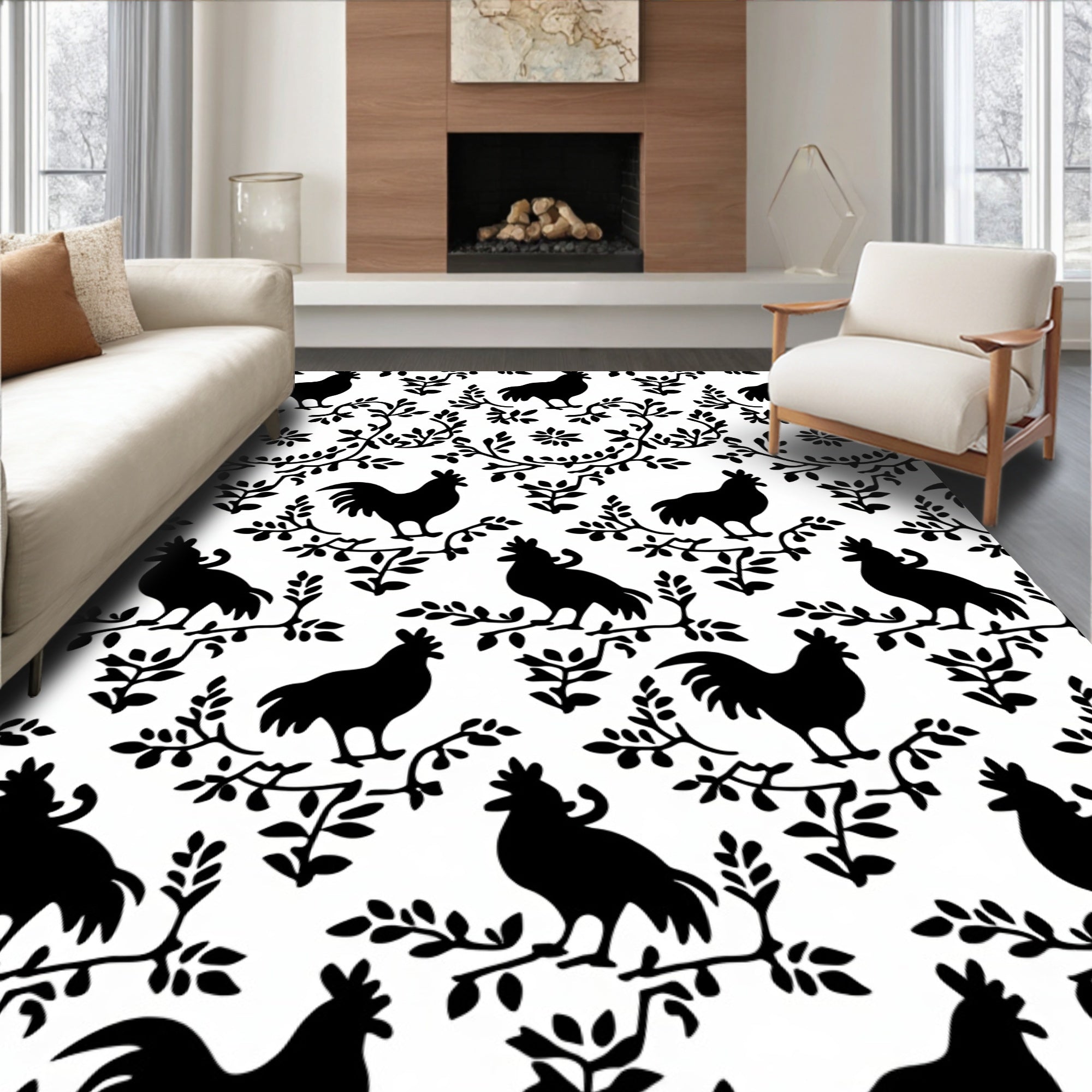 Country Black Rooster Vine Jacquard Rug
