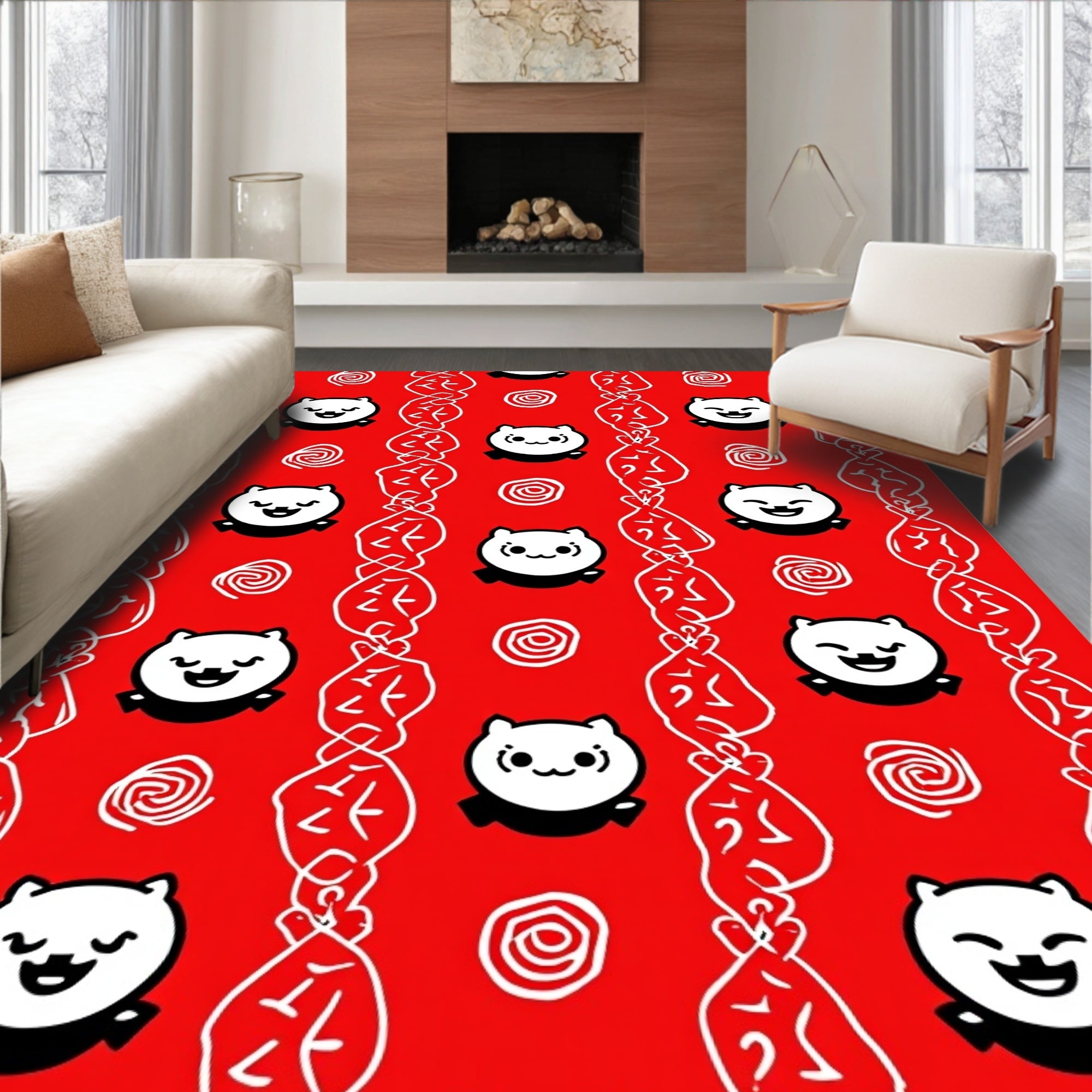 Cute Red Kitty Swirls Rug