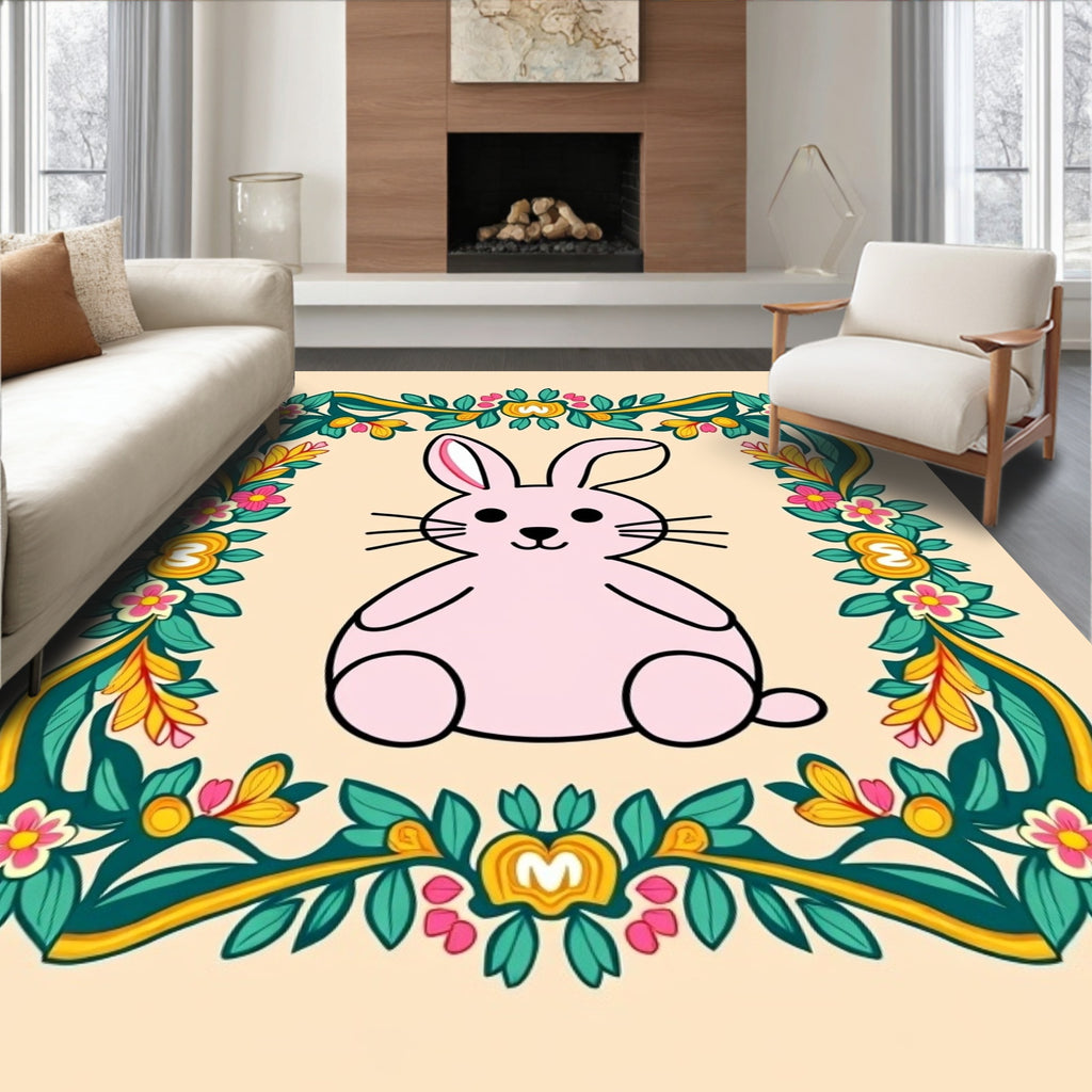 Pink Easter Bunny Floral Frame Rug