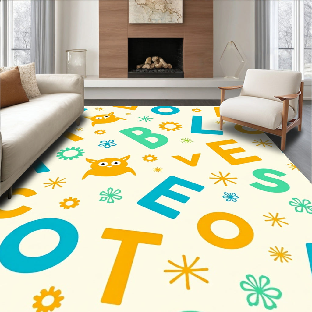 Playful Alphabet Owl Flower Collage Rug