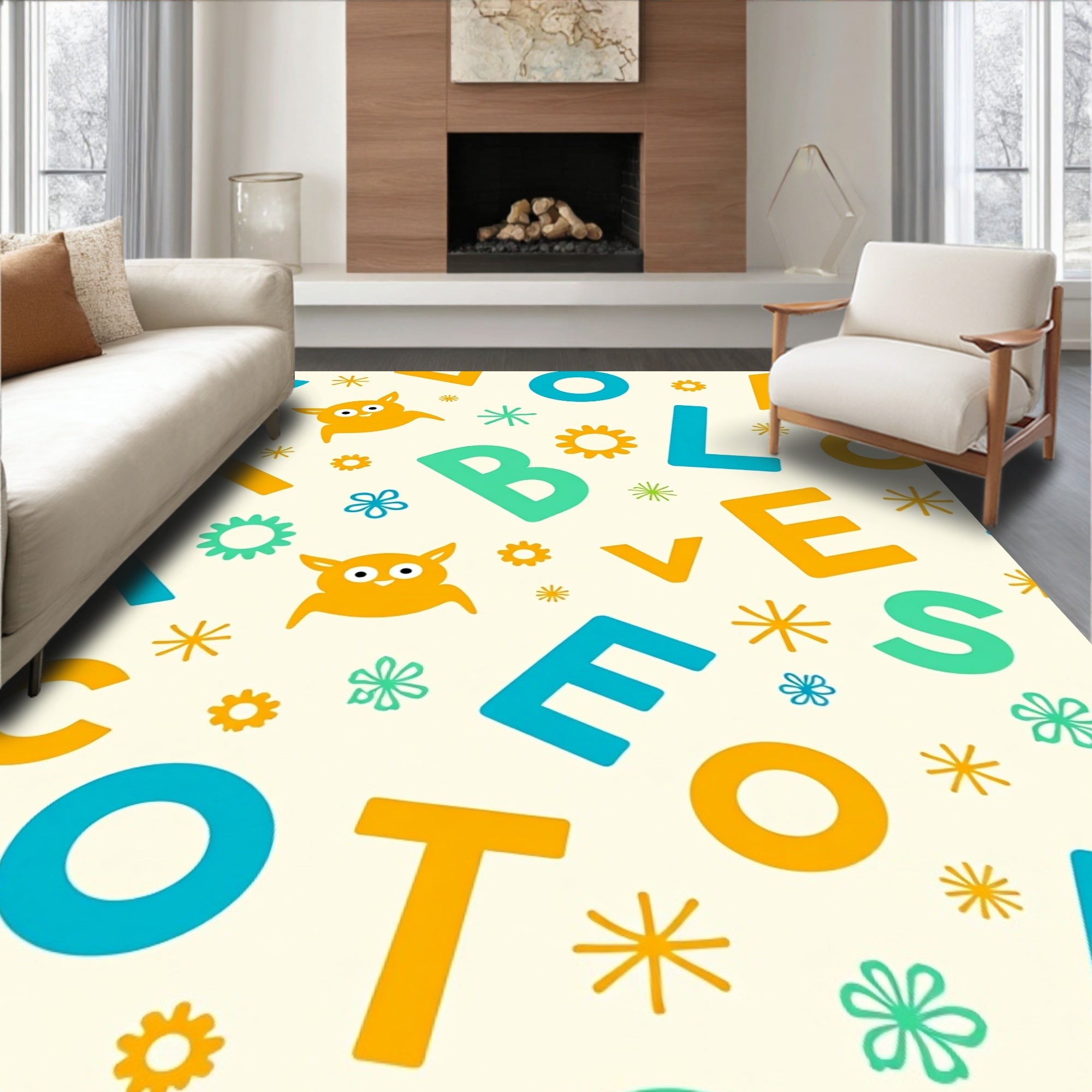 Playful Alphabet Owl Flower Collage Rug
