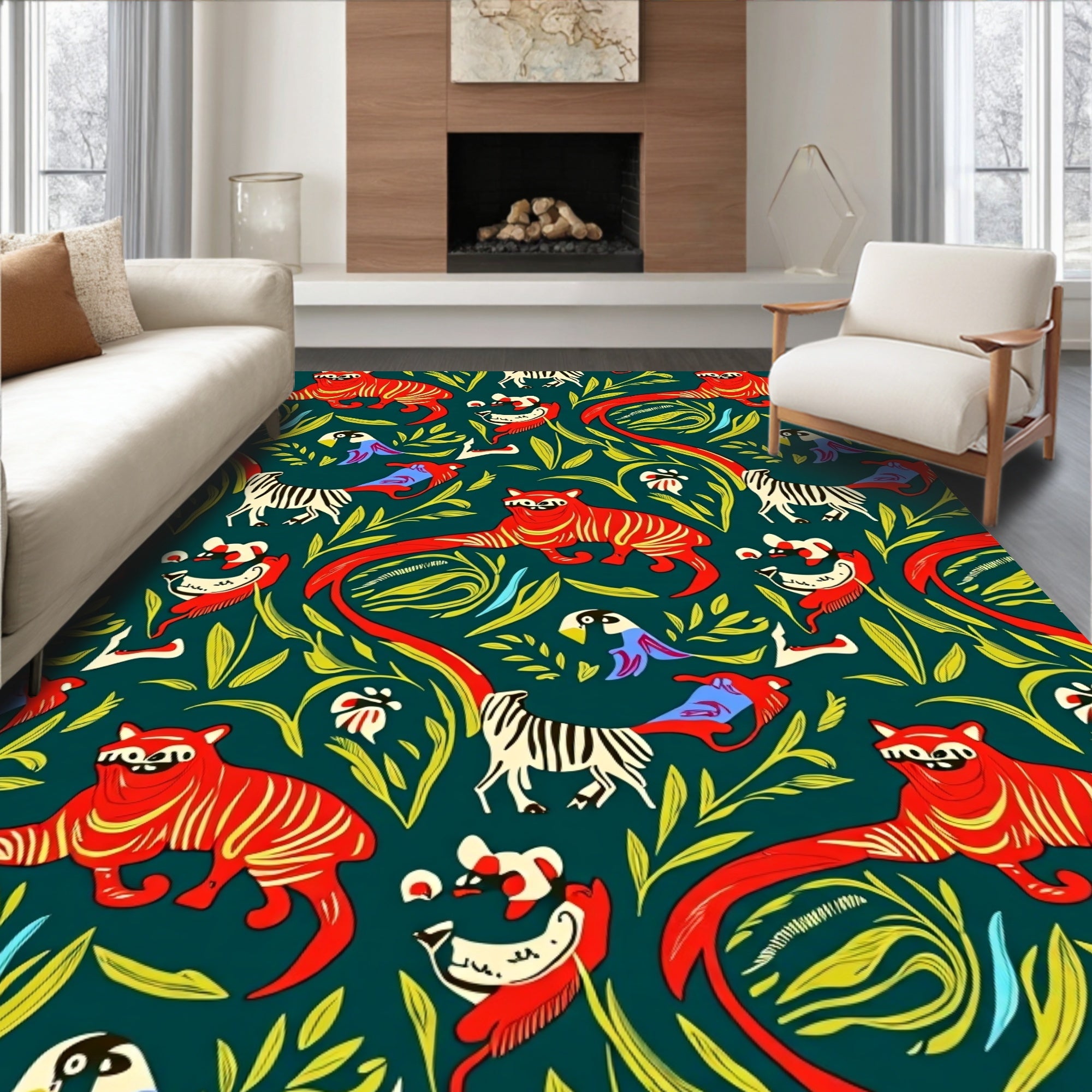 Bold Red Tiger Jungle Wildlife Scene Rug