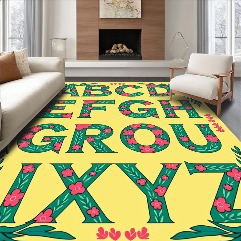 Green Floral Alphabet Letters Rug