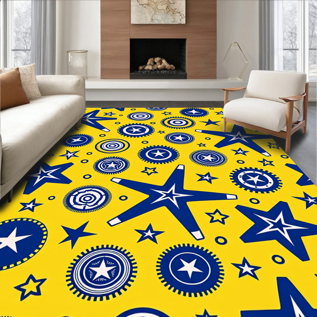 Bold Blue Stars Sunburst Yellow Rug
