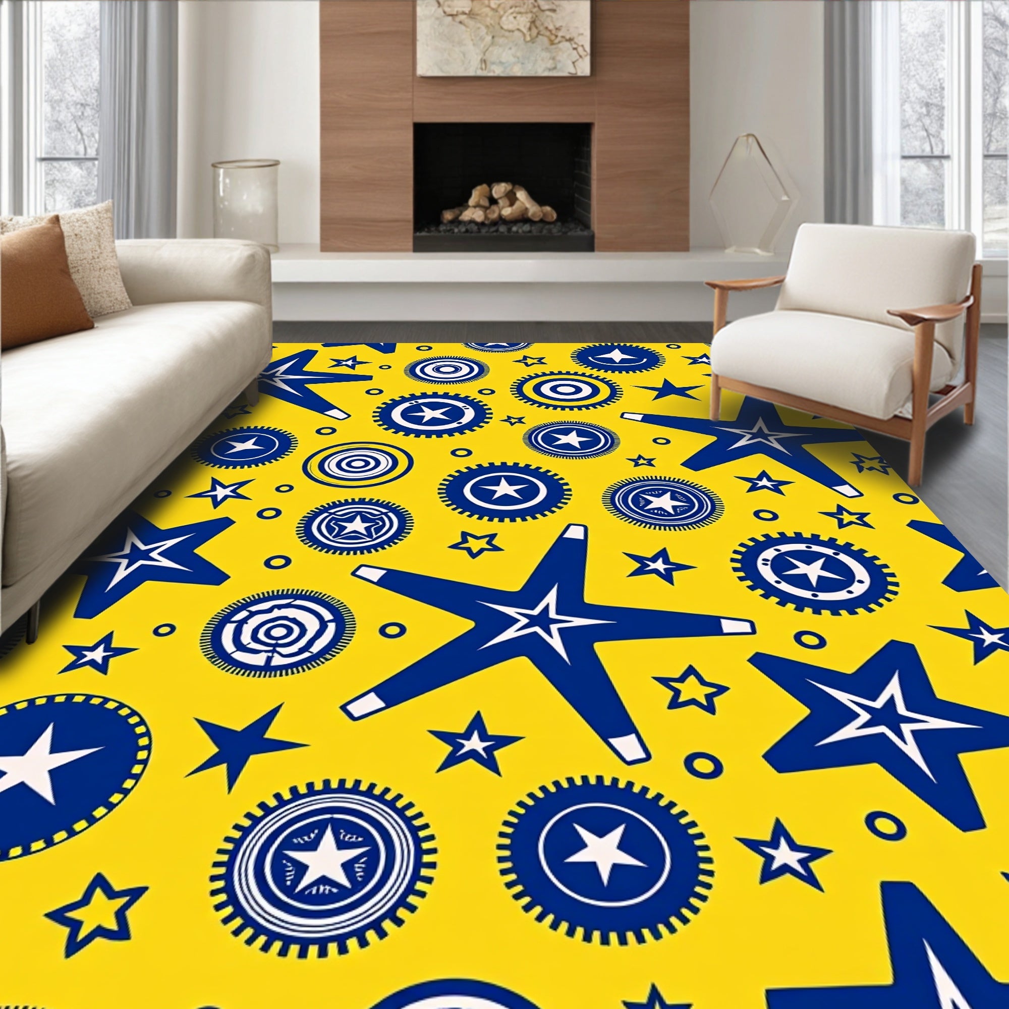 Bold Blue Stars Sunburst Yellow Rug