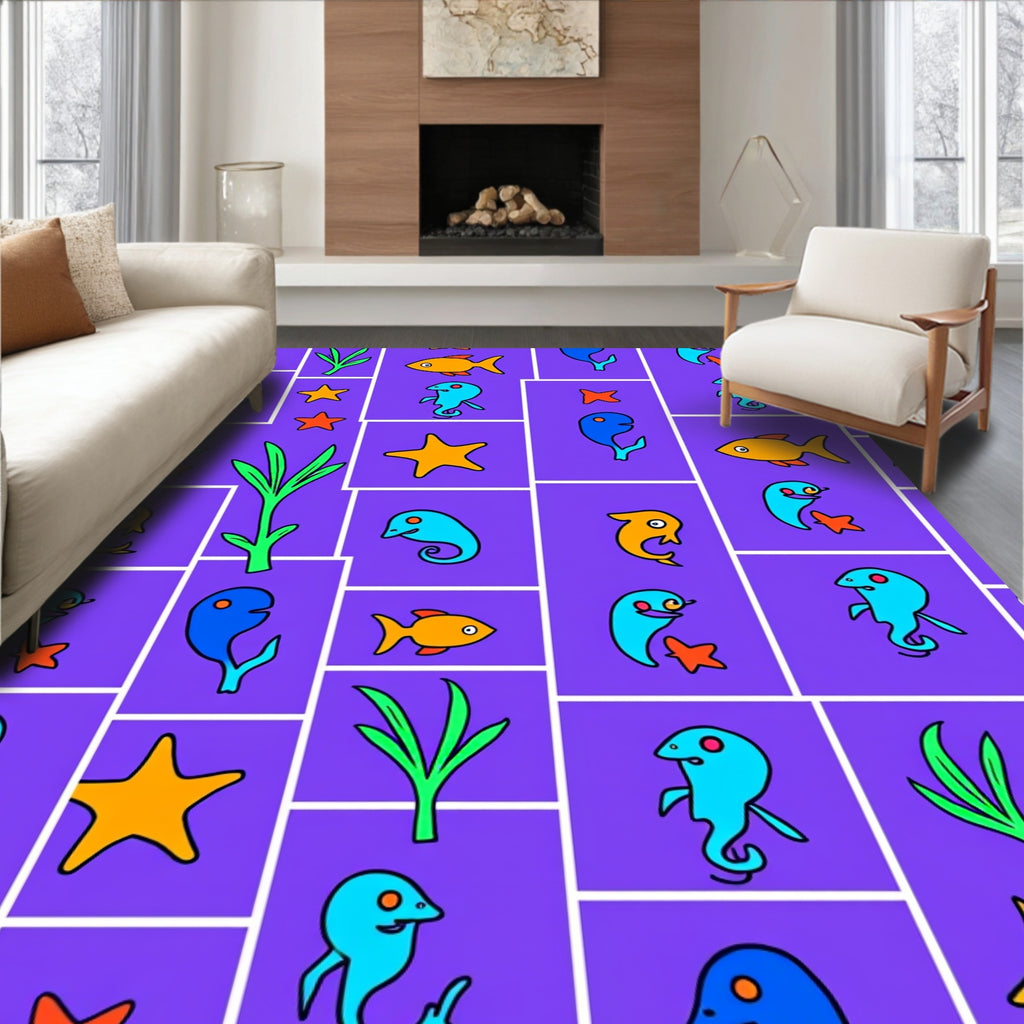 Delightful Blue Orange Fish Sea Creatures Rug