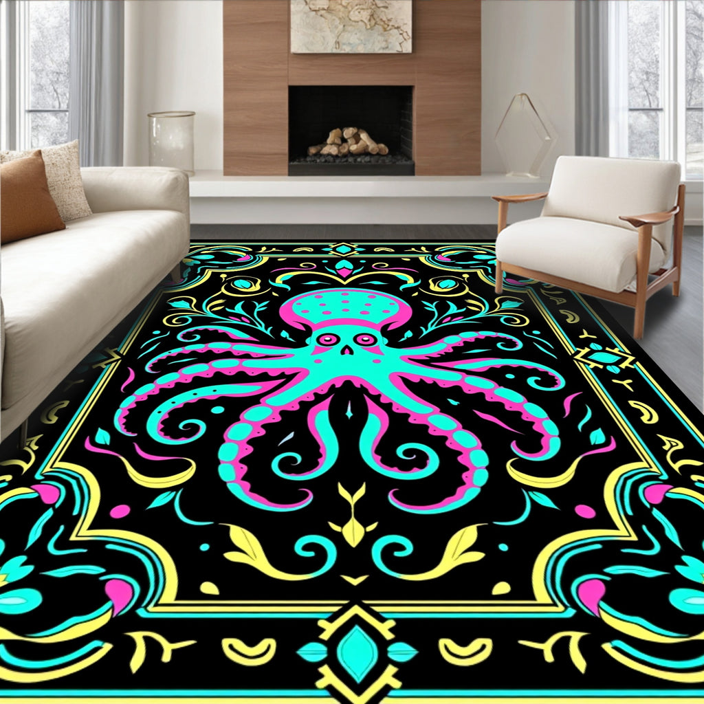 Vibrant Neon Octopus Floral Frame Rug