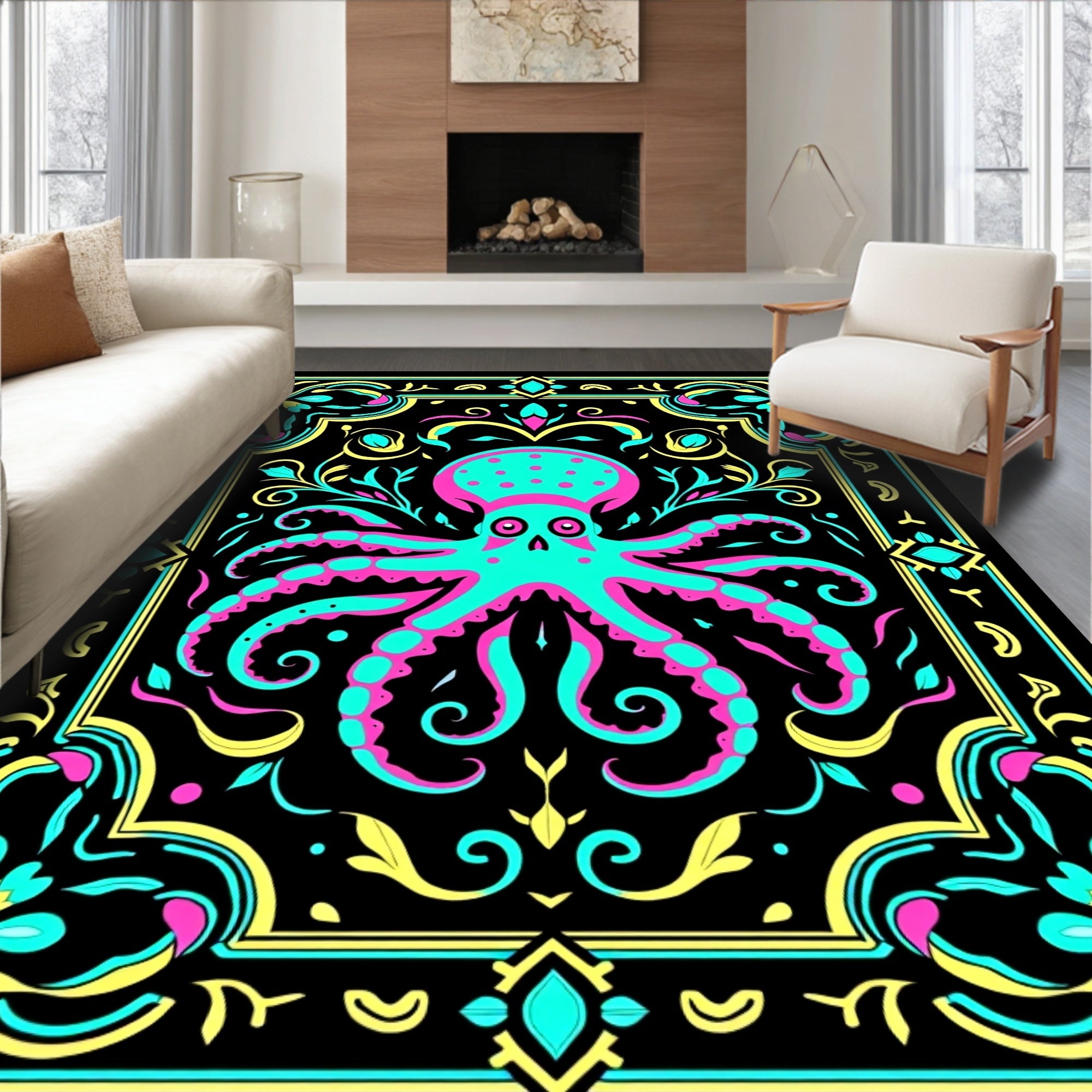 Vibrant Neon Octopus Floral Frame Rug