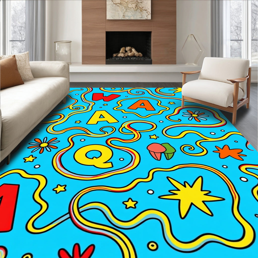 Whimsical Alphabet Rainbow Waves Rug